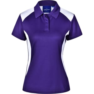A purple polo shirt with white side panels and a collar, featuring a branding logo on the neck.