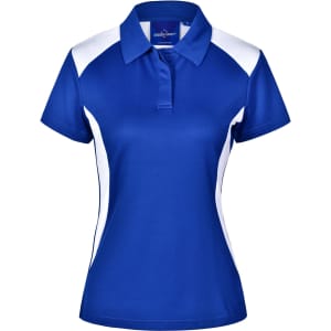A blue and white women's polo shirt with a collar and short sleeves, featuring a logo on the front.