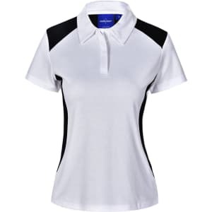 A white ladies' polo shirt with black side panels and a collar, featuring a logo on the chest.