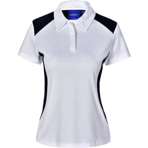 Ladies' Winner Polo shirt in white with black side panels and a collar. Features a logo on the chest.