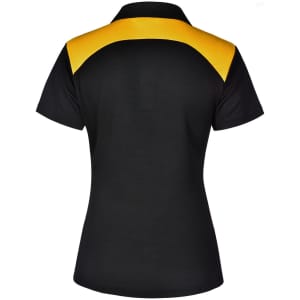 A black polo shirt featuring a yellow back design and a logo on the chest.