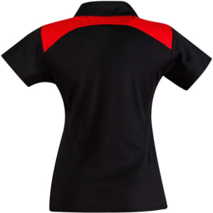 A black polo shirt with red accents, featuring a collar and short sleeves. It has a logo on the back.