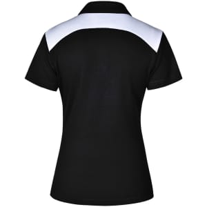 A black ladies' polo shirt with a white accent on the shoulders and a logo on the back.
