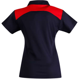 A women's polo shirt in navy blue with a red section at the shoulders and back, featuring a logo.