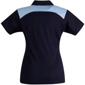 A navy blue polo shirt with light blue accents on the shoulders, featuring a logo.