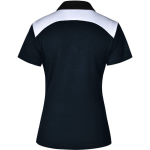 A black and white ladies' polo shirt with a contrasting collar and back design, featuring a logo.