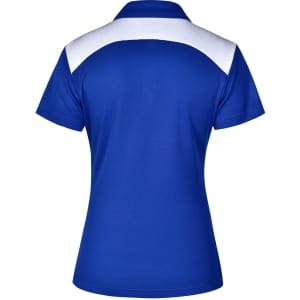 A ladies' polo shirt in royal blue with a white upper back section and a logo on the front.