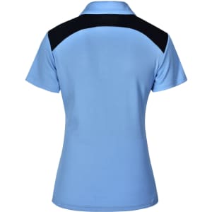 A light blue polo shirt with a black panel on the back. It features a collar and short sleeves.