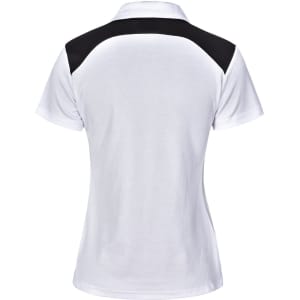 A women's polo shirt in white with black shoulder panels and a logo. Perfect for casual or sporting wear.