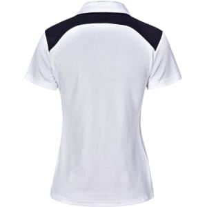 A white ladies' polo shirt featuring a black back panel and a collar, with a logo on it.