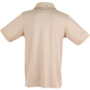 A beige men's polo shirt with short sleeves and a collar, featuring a logo on the front.