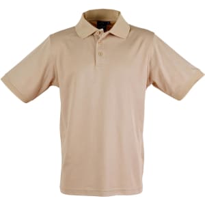 A beige men's polo shirt with a collar, short sleeves, and a button-up front, featuring a logo.