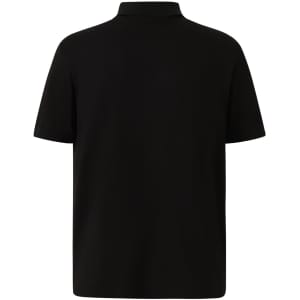 A black men's polo shirt displaying a classic design with short sleeves and a collared neckline. It features a logo.