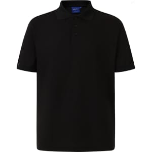 A black men's polo shirt featuring a collar, short sleeves, and a button placket. It has a logo on it.