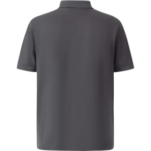 A grey men's polo shirt featuring a collar and short sleeves, with a logo on the back.