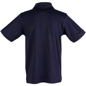 A navy blue men's cotton polo shirt with a short-sleeve design and a collar, featuring a logo on the back.