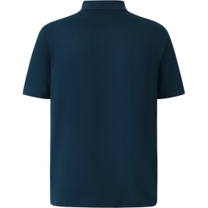 A teal men's polo shirt with a collar and short sleeves, featuring a logo on the back.