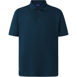 A teal men's polo shirt featuring a collar, short sleeves, and a subtle branding logo.