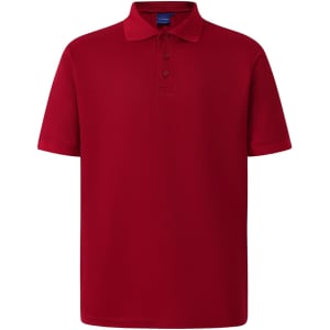 A red men's polo shirt with a collar and three-button placket. It features short sleeves and has a logo.