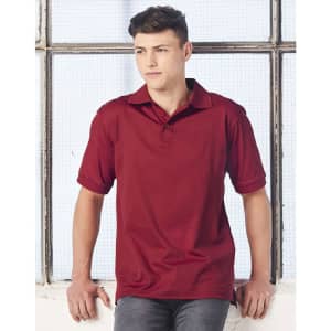 A men's polo shirt in a rich burgundy colour, featuring a collar and short sleeves, with a logo on the chest.