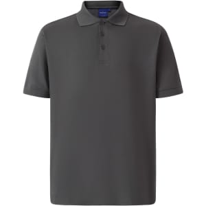A grey men's polo shirt with short sleeves, featuring a three-button placket and a subtle logo.