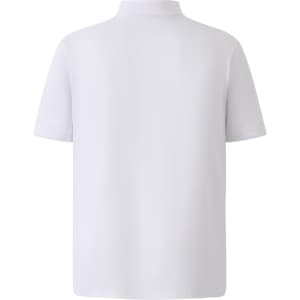 A plain white short-sleeve polo shirt with a collar and no visible branding.