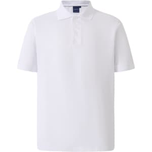 A white men's polo shirt featuring a collar and short sleeves, with a brand logo on the neckline.