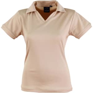 A beige ladies' polo shirt with a collared neckline and short sleeves, featuring a logo on the chest.
