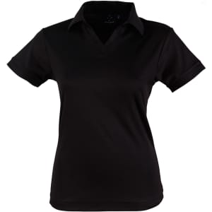 A black polo shirt with a V-neck and short sleeves, featuring a logo on the chest.