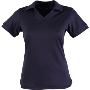 A navy polo shirt designed for women with a classic collar and short sleeves. Features a logo detail.