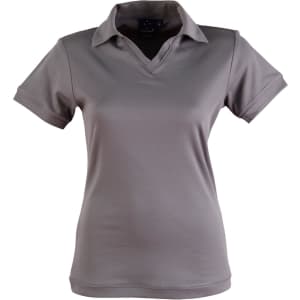A grey ladies' polo shirt with a collar and short sleeves, featuring a logo on the chest.