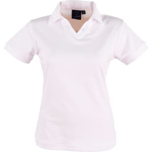 A white ladies' polo shirt with a collar and short sleeves, featuring a logo on the label.