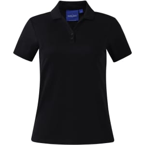 A black short sleeve polo shirt with a collar and button detailing, featuring a logo on the chest.