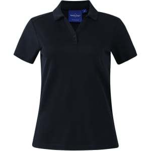 A black short sleeve polo shirt with a collar and three buttons, featuring a logo on the chest.