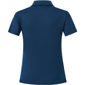 A teal short sleeve polo shirt with a fitted design and a collar, featuring a logo on the back.