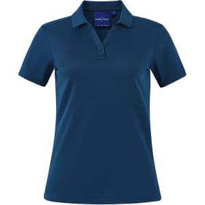 A teal short sleeve polo shirt with a collar and three button placket, featuring a branding logo.