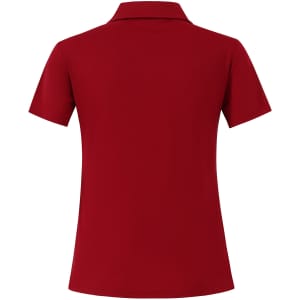 A maroon short sleeve polo shirt with a collar and a logo on the back.