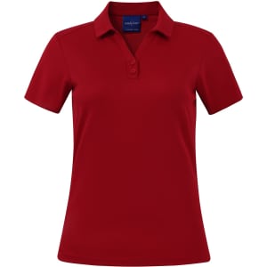 A red women's short sleeve polo shirt with a collar, featuring buttons and a logo.