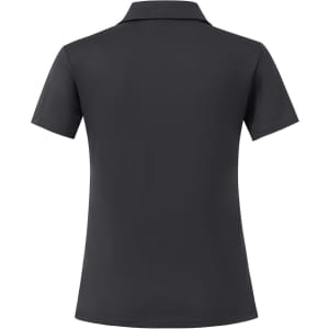 A grey women's polo shirt with a classic short sleeve design, featuring a back view and a logo.
