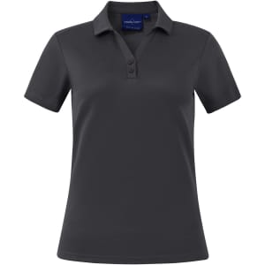 A grey short sleeve polo with a collar and three buttons, featuring a logo on the front.