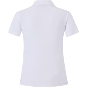 A white short sleeve polo shirt featuring a smooth fabric and a collar, with a branding logo on the back.