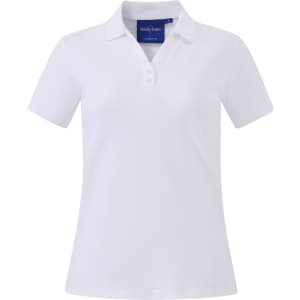 A white short sleeve polo shirt with a classic collar and a logo on the chest.
