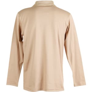 A beige long sleeve polo shirt with a collar, featuring a logo on the back.