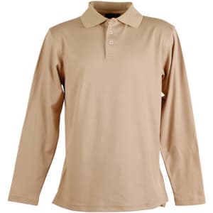 A long sleeve polo shirt in a beige colour with a collar and three buttons, featuring a logo.