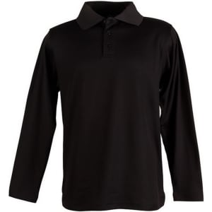 A black long sleeve polo shirt with a collar and three buttons, featuring a logo on the chest.