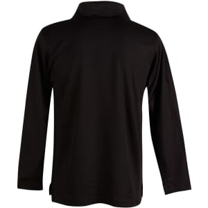 A black long sleeve polo shirt with a collar and a back view. It features a logo.