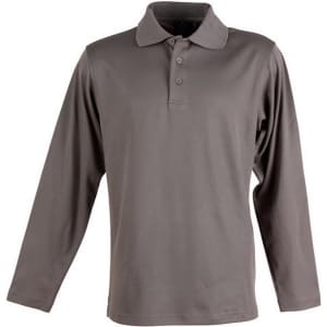 A long sleeve polo shirt in a muted grey colour, featuring a collar and button placket. It has a logo on the chest.