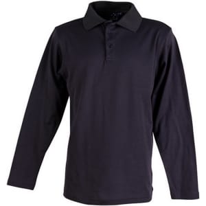 A long sleeve polo shirt in dark navy with a collared neck and a button front. It features branding on the chest.