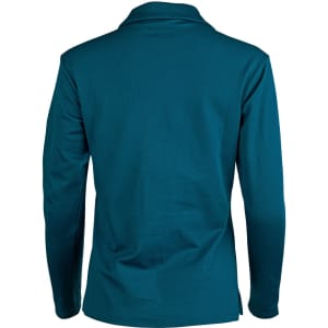 A long sleeve polo shirt in teal, featuring a collar and a logo on the back.