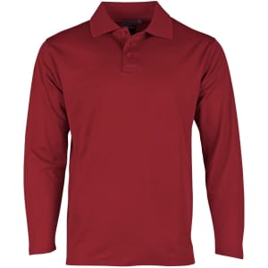 A long sleeve polo shirt in a rich red colour, featuring a collar and three-button placket. It has a logo on the chest.